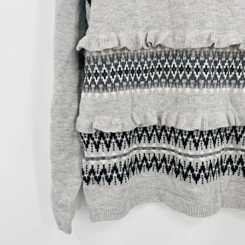Talbots Petites Size Large Gray Fair Aisle Ruffled Lambswool Crewneck Sweater